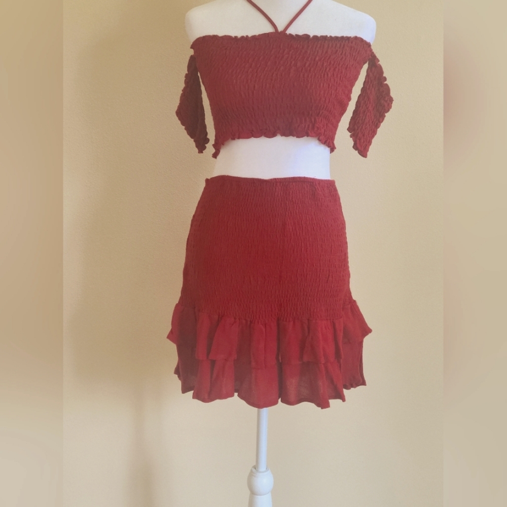 Blush Boutique Ruby Red Unworn Off-Shoulder Skirt Set